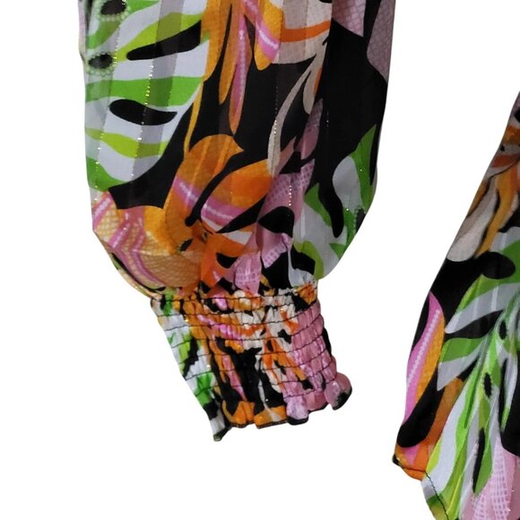 Women's Long Sleeve Button Up Leaf Print Shimmer Blouse Multicolor - Picture 7 of 8